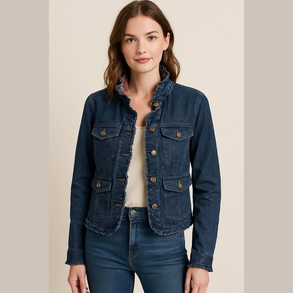 Boston Proper Denim Jacket Medium Ruffle Collar